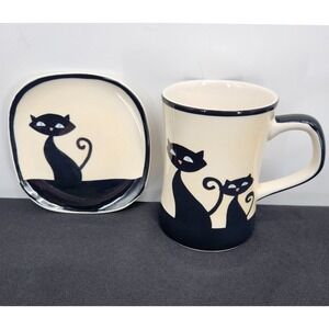Hues N Brews Coffee Mug & Saucer Set Black/Ivory Retro Cat & Paw Prints Graphic